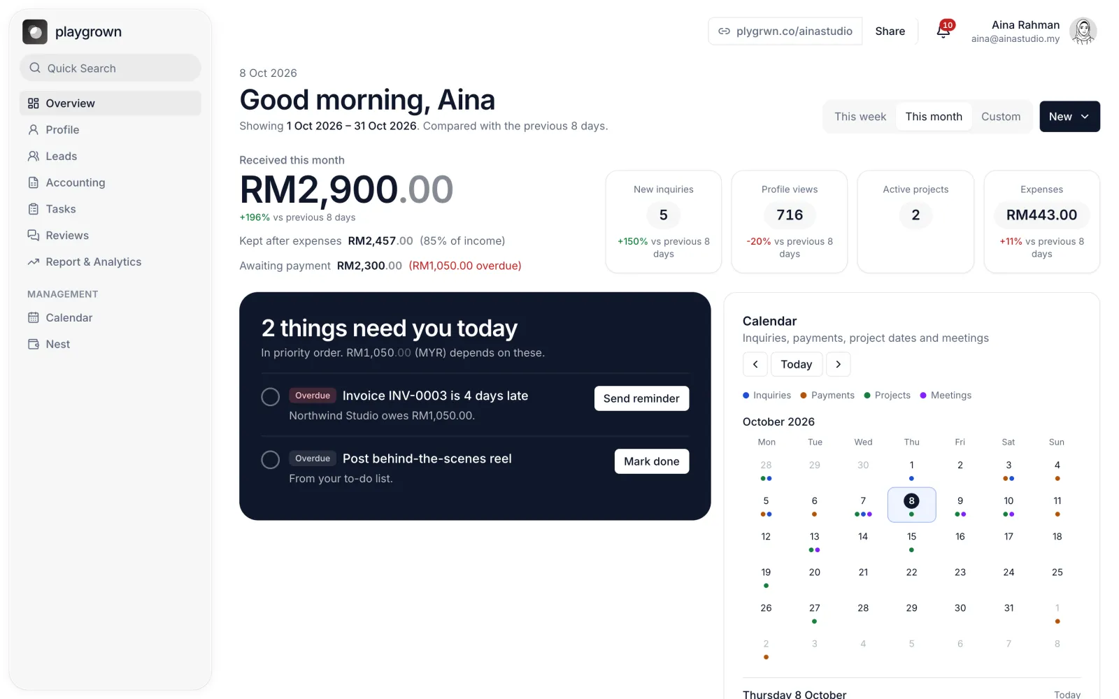 Playgrown Overview: money received this month, what's awaiting payment, two things that need you today, and a calendar