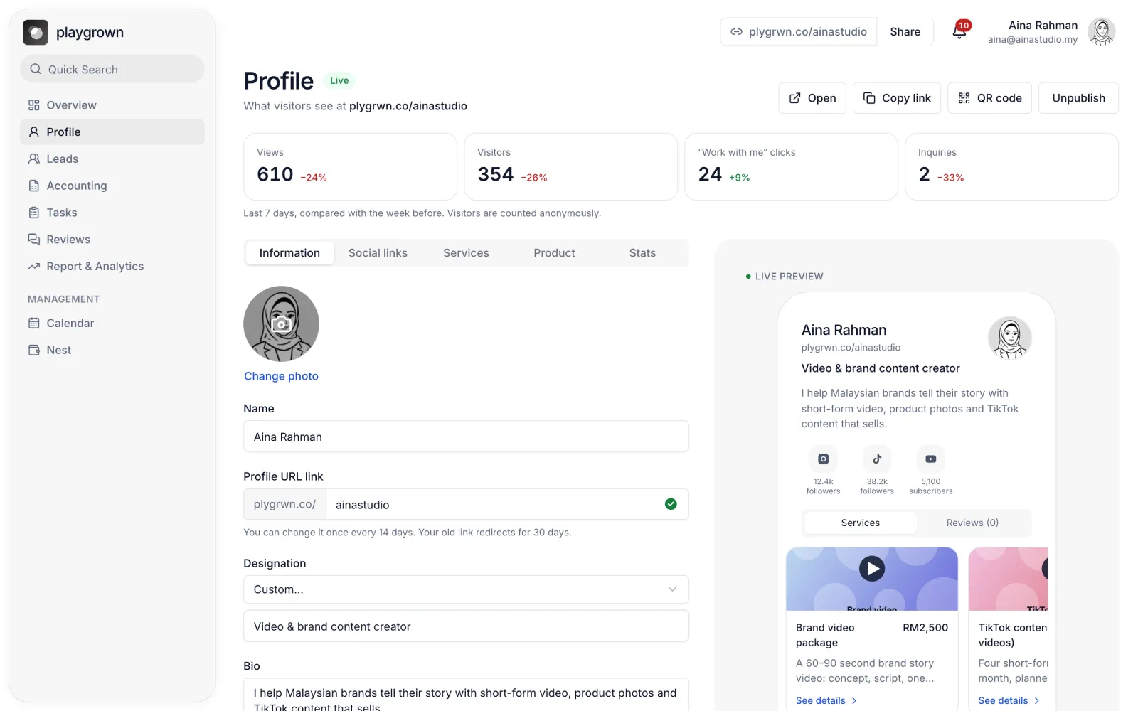 Profile editor with a live phone preview