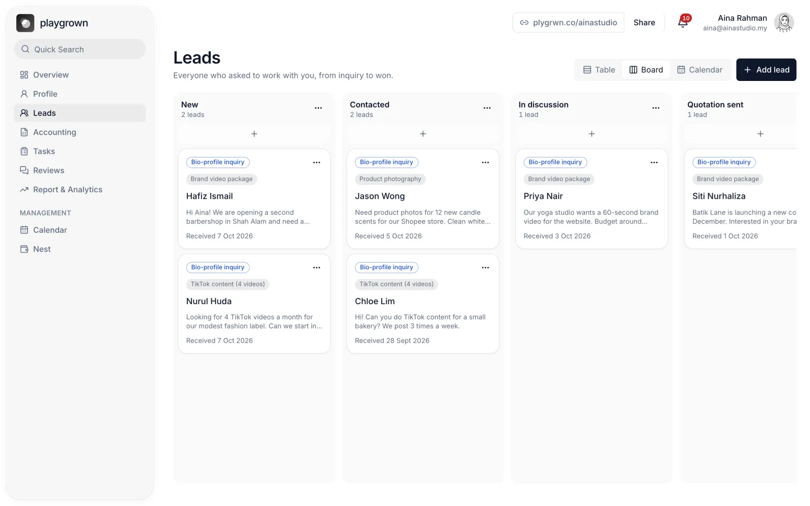 Leads board with columns from New to Quotation sent
