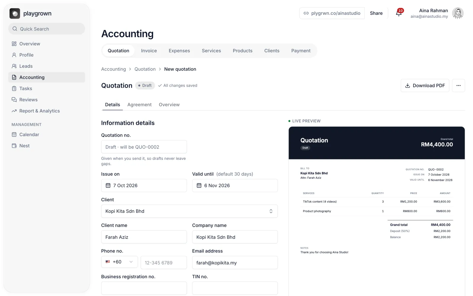 Quotation builder: form on the left, live quotation in ringgit on the right, with deposit and balance