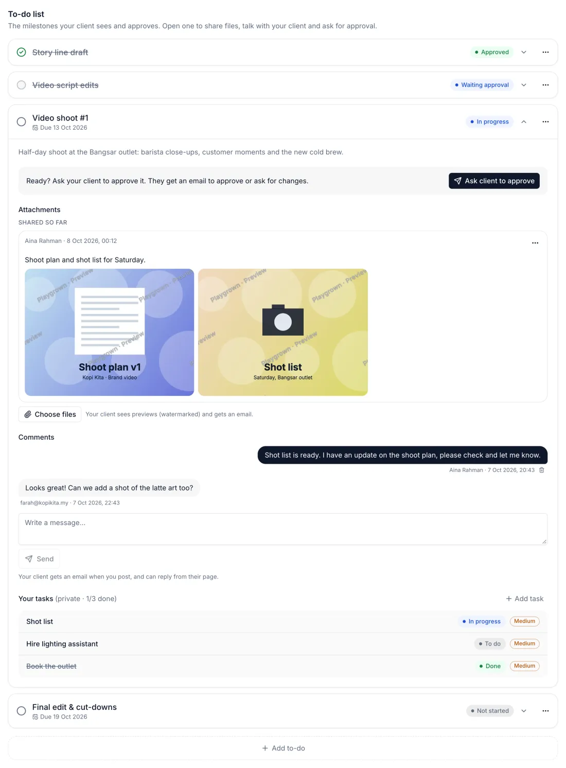 Project to-do list: approved, waiting approval and in progress items, watermarked previews and comments with the client