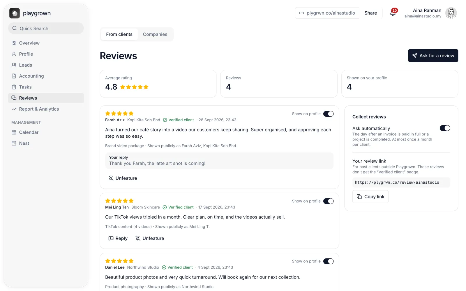 Reviews page with an average rating, verified clients and replies