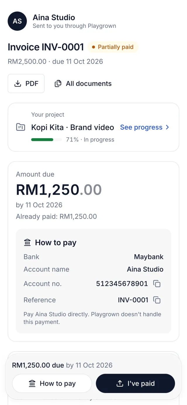 What the client sees: the invoice, project progress and how to pay