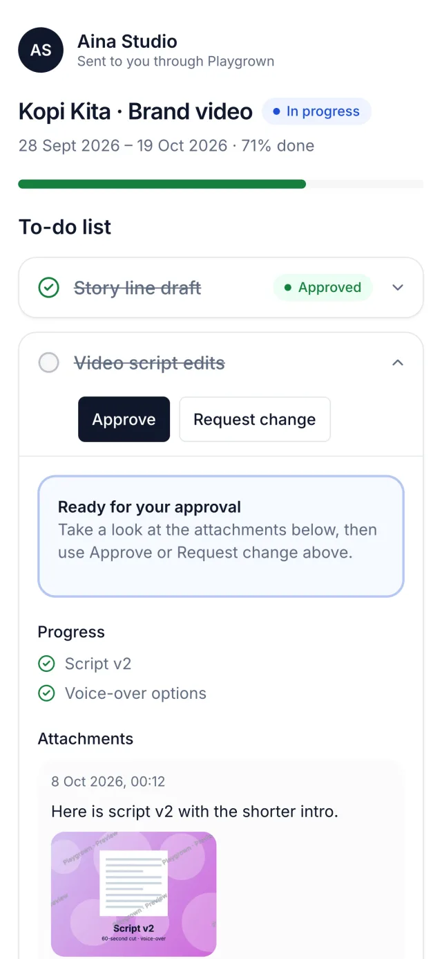 The client's project page with Approve and Request change buttons