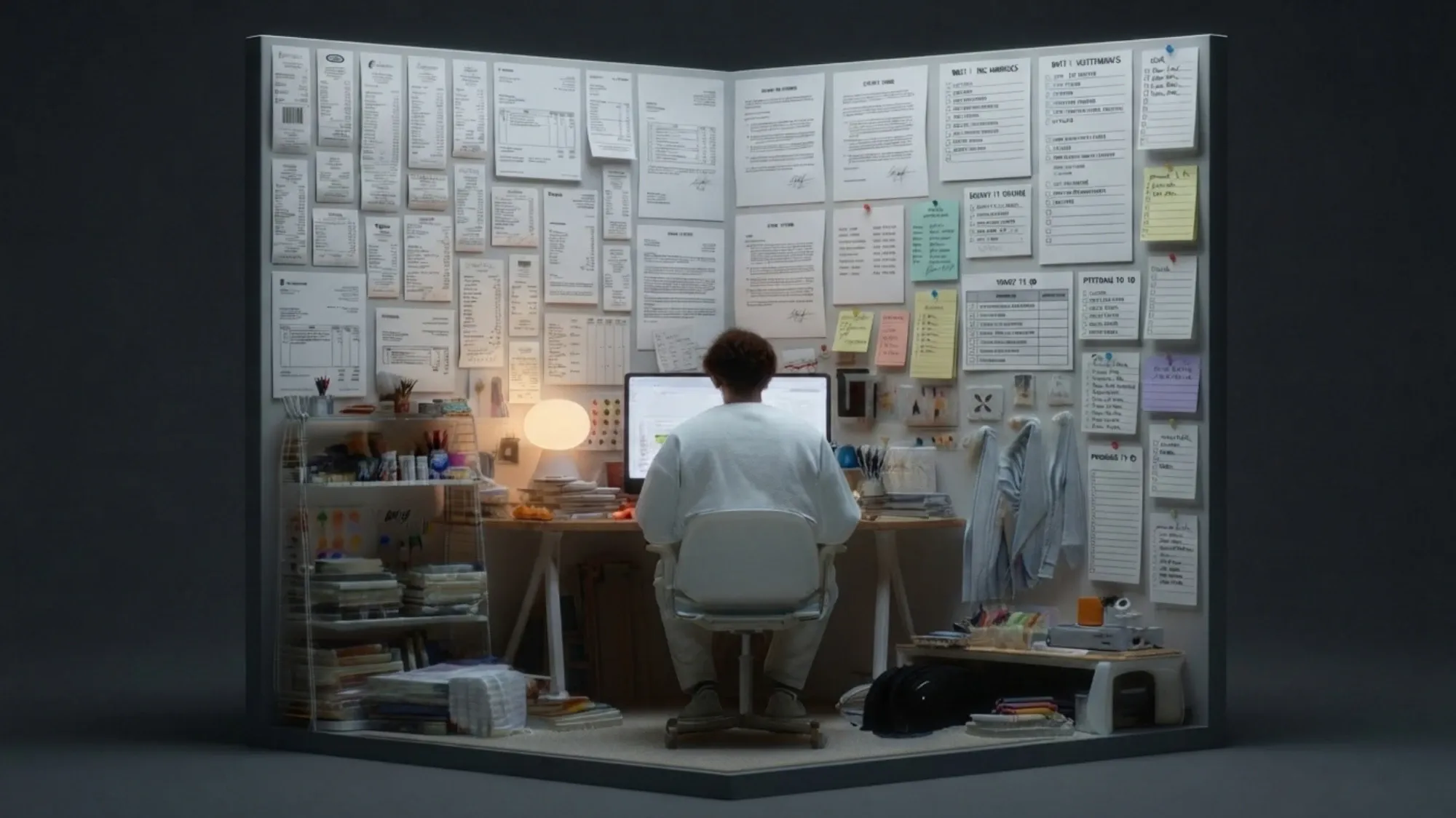 A freelancer at a desk in a small room, the walls covered in receipts, invoices, to-do lists and sticky notes